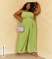 New Look Curves Green Gingham Crepe Wide Leg Belted Jumpsuit
